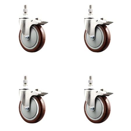 Service Caster 5 Inch 316SS Maroon Polyurethane Wheel Swivel 1/2 Inch Stem Caster Set Lock Brake SS316TSTTL20S514-PPUB-MRN-121315-4